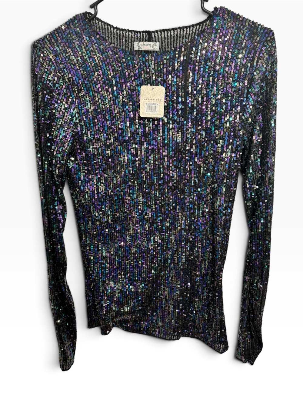 Free People Iridescent Sequin Long Sleeve Top Blouse (Black Combo / S) - Picture 2 of 4